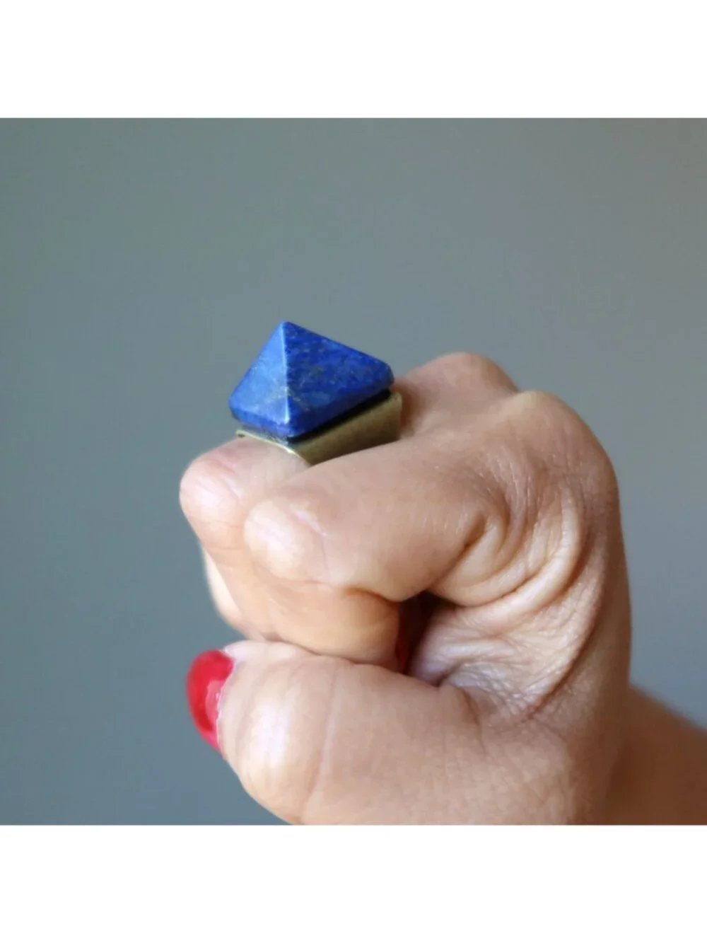 Lapis Lazuli Ring Blue Pharaoh Pyramid Gem Bronze Adjustable Size 5 to 8 Jewelry